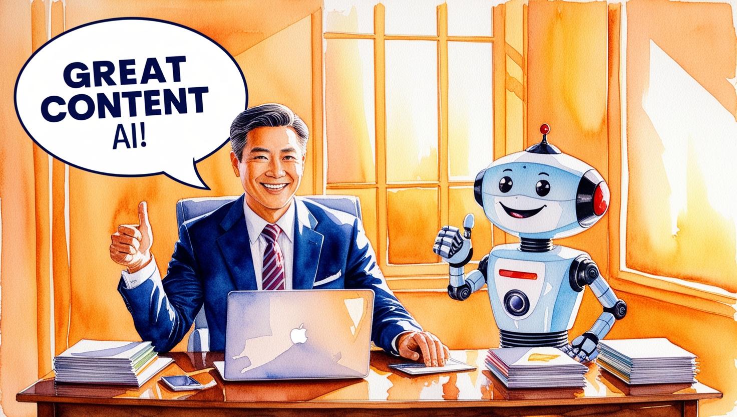 a man sitting at a desk with a robot