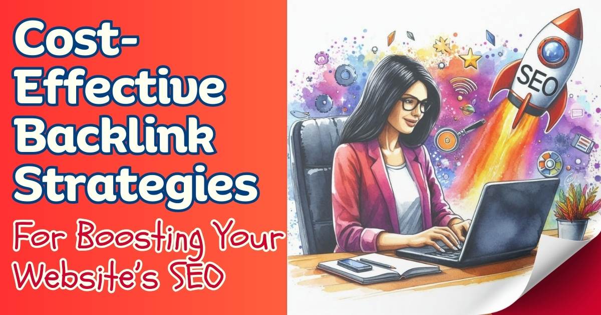 Blog post feature image showing a female writer that is happy that her website's SEO is doing great. Fonts used are Binate and Schoolbell. Colors are gradient red and orange. 